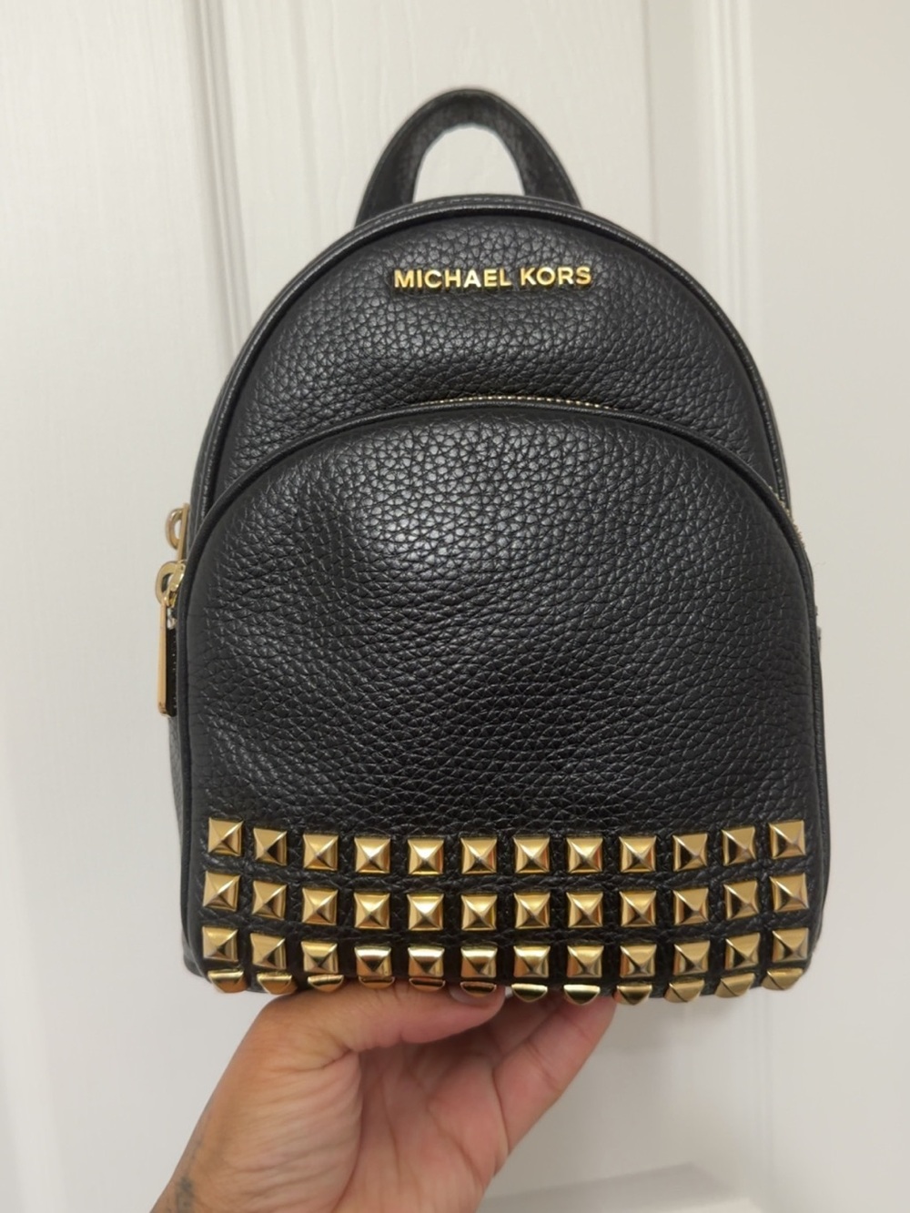 Michael Kors Black Pebbled Leather Mini Backpack with Gold Studs